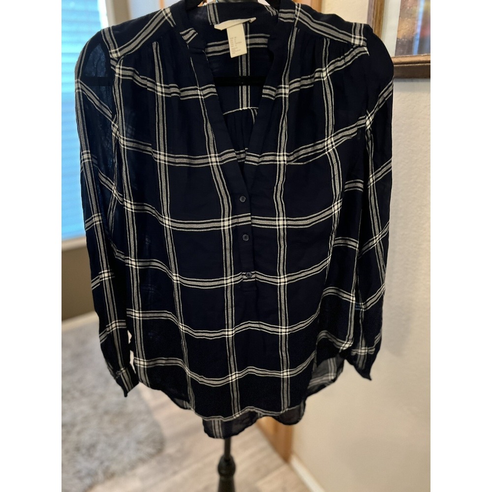 H & M Ladies Blue White Plaid Blouse Tunic Size 6 Business Casual - Picture 1 of 4